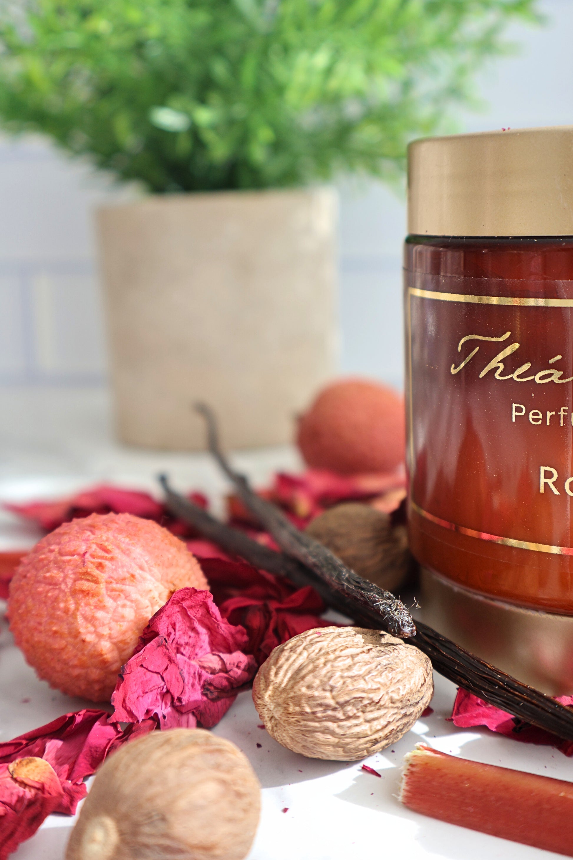Close-up of Rosalina perfume body butter showing front of jar on white surface with lychee nutmeg vanilla bean and rose petals
